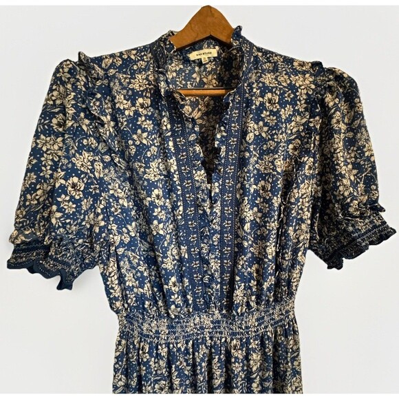 Max Studio Maxi Dress Floral Smocked Waist Tiered Plus Size 1X Blue White Ruffle - Picture 5 of 8